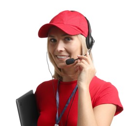 Photo of Technical support call center. Smiling operator with laptop on white background