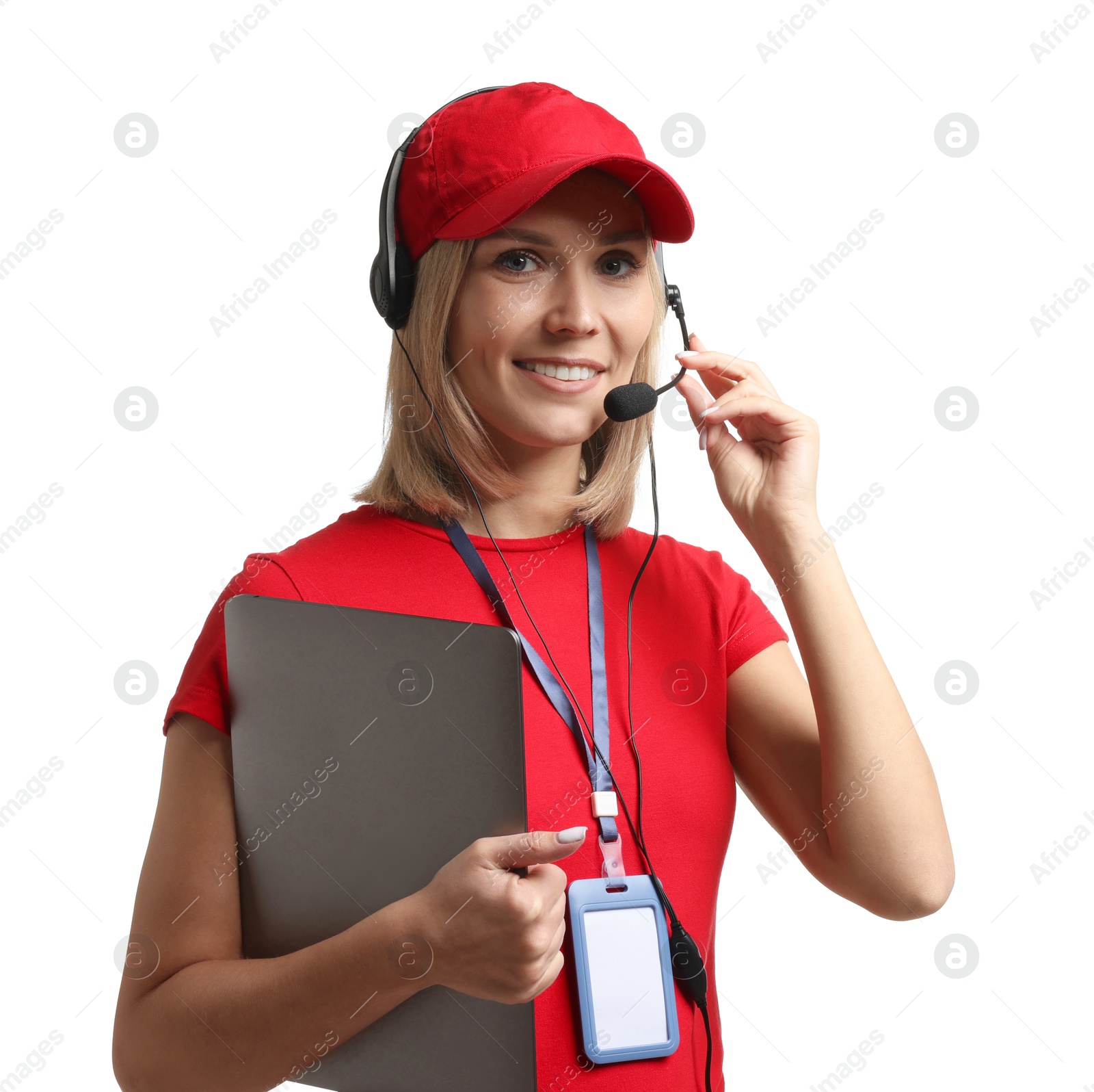 Photo of Technical support call center. Smiling operator with laptop on white background