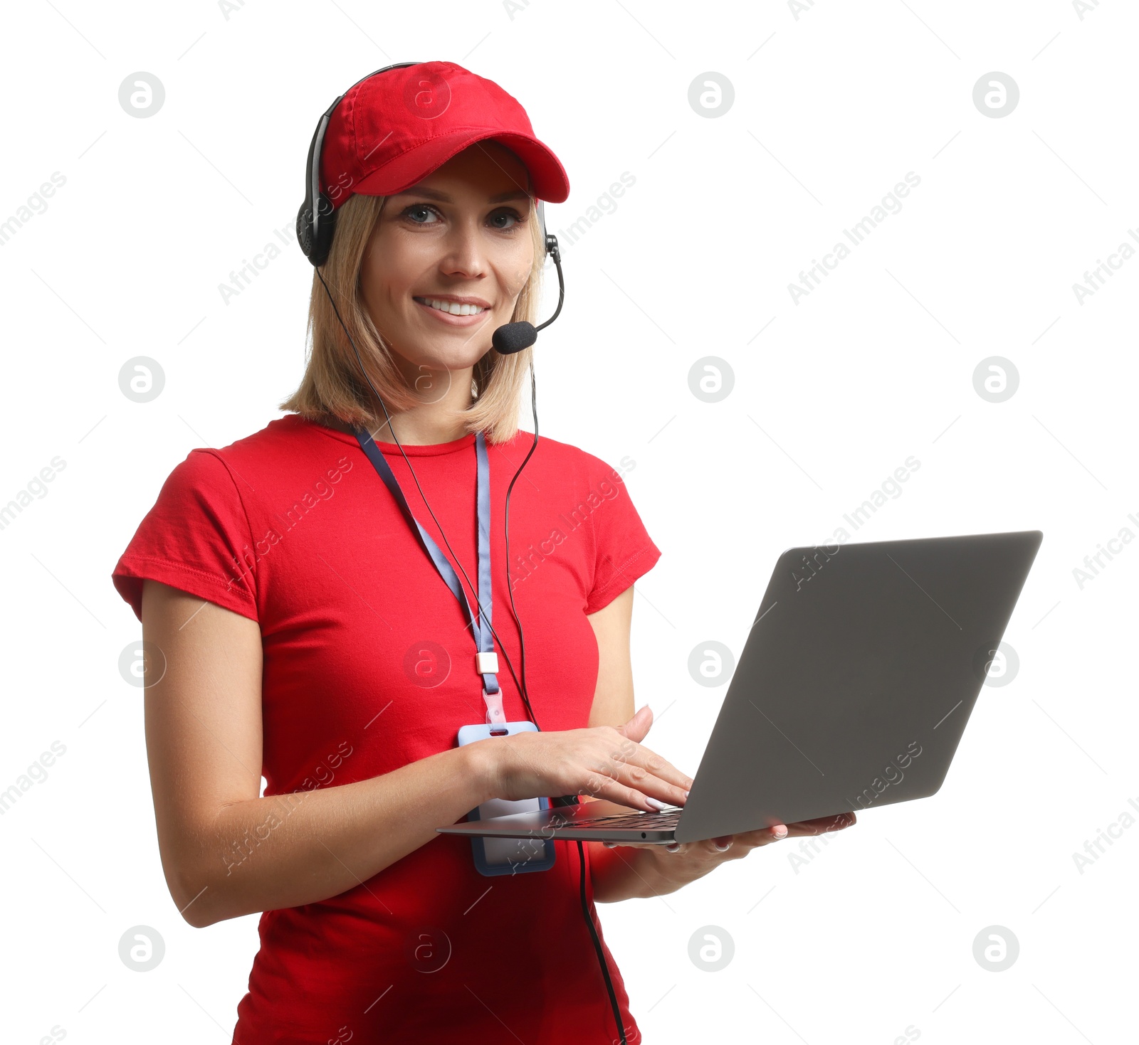 Photo of Technical support call center. Smiling operator with laptop on white background