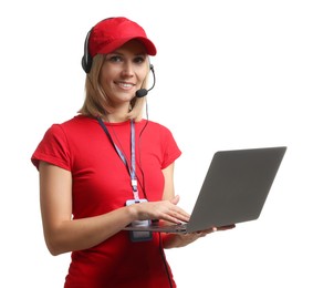 Photo of Technical support call center. Smiling operator with laptop on white background