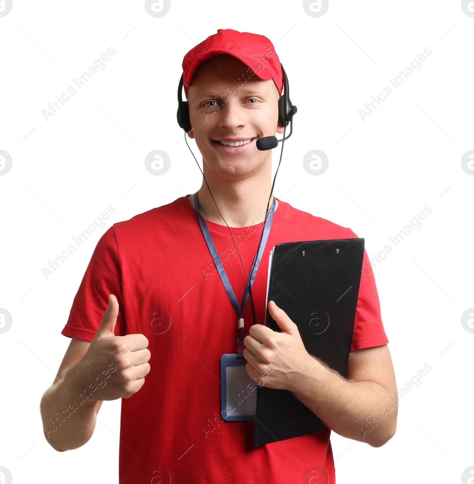 Photo of Technical support call center. Smiling operator with clipboard showing thumbs up on white background