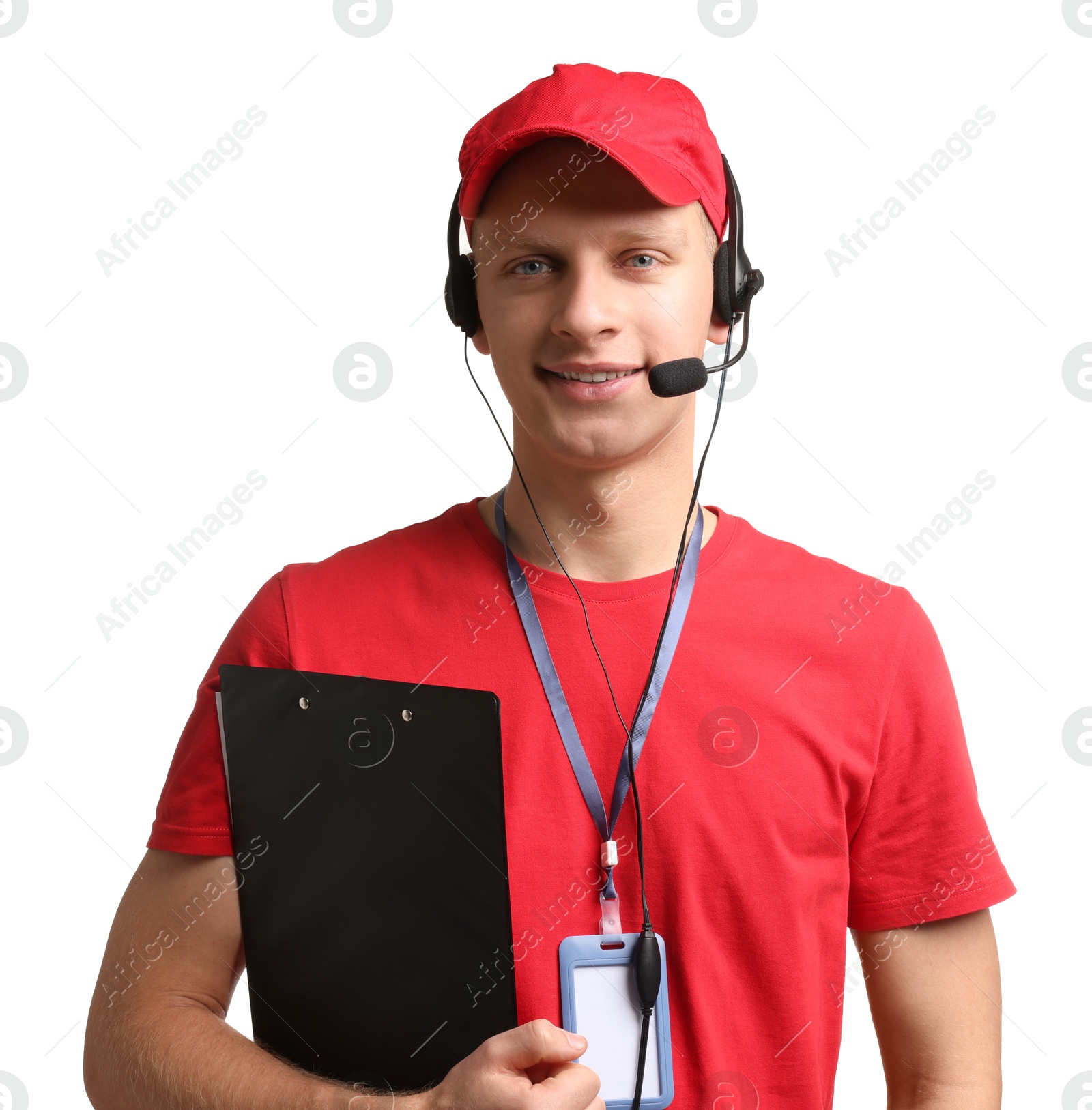 Photo of Technical support call center. Smiling operator with clipboard on white background