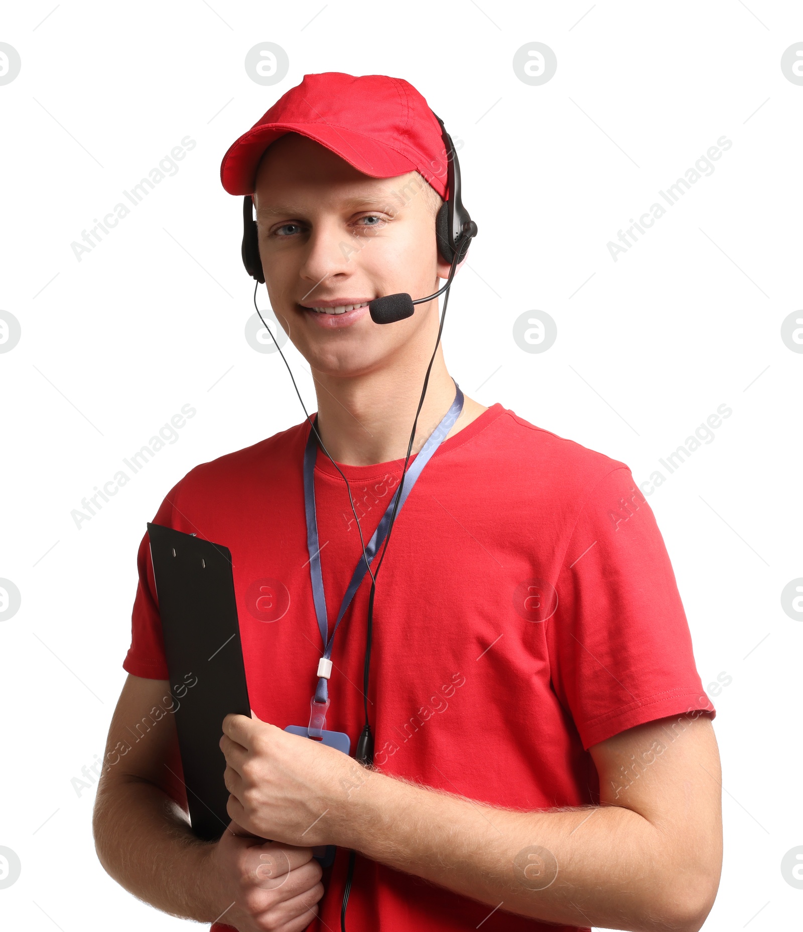 Photo of Technical support call center. Smiling operator with clipboard on white background