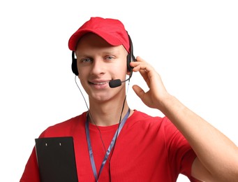 Photo of Technical support call center. Smiling operator with clipboard on white background