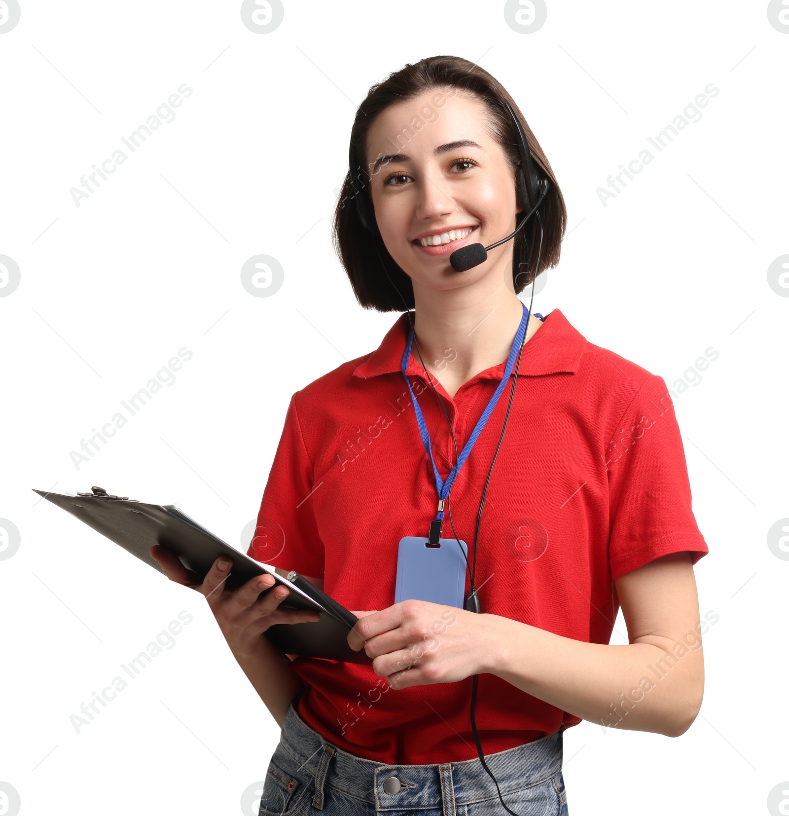 Photo of Technical support call center. Smiling operator with clipboard on white background