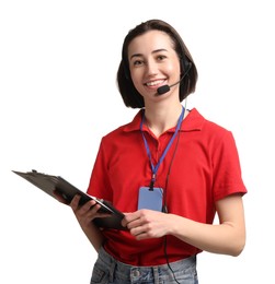 Photo of Technical support call center. Smiling operator with clipboard on white background