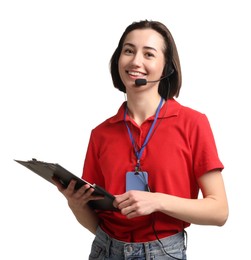 Photo of Technical support call center. Smiling operator with clipboard on white background