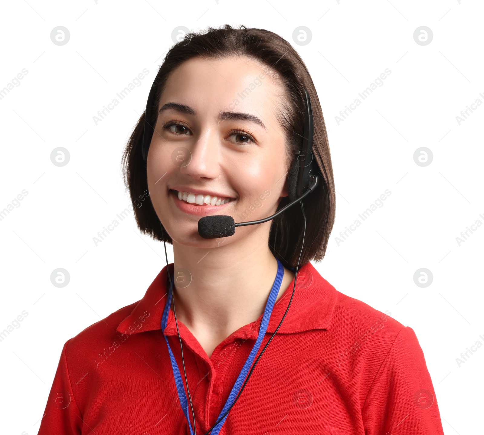 Photo of Technical support call center. Portrait of smiling operator on white background