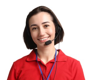 Photo of Technical support call center. Portrait of smiling operator on white background