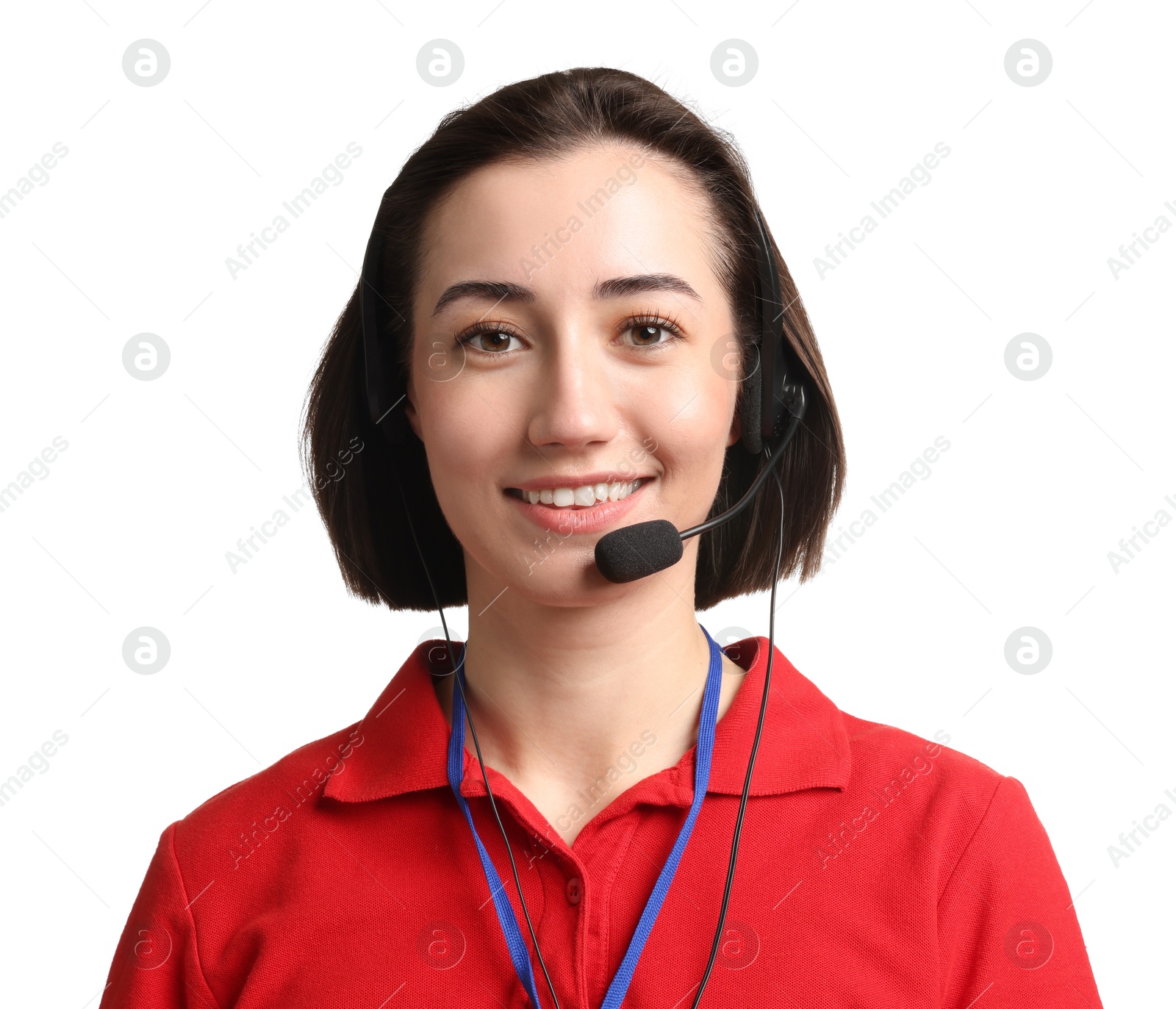 Photo of Technical support call center. Portrait of smiling operator on white background