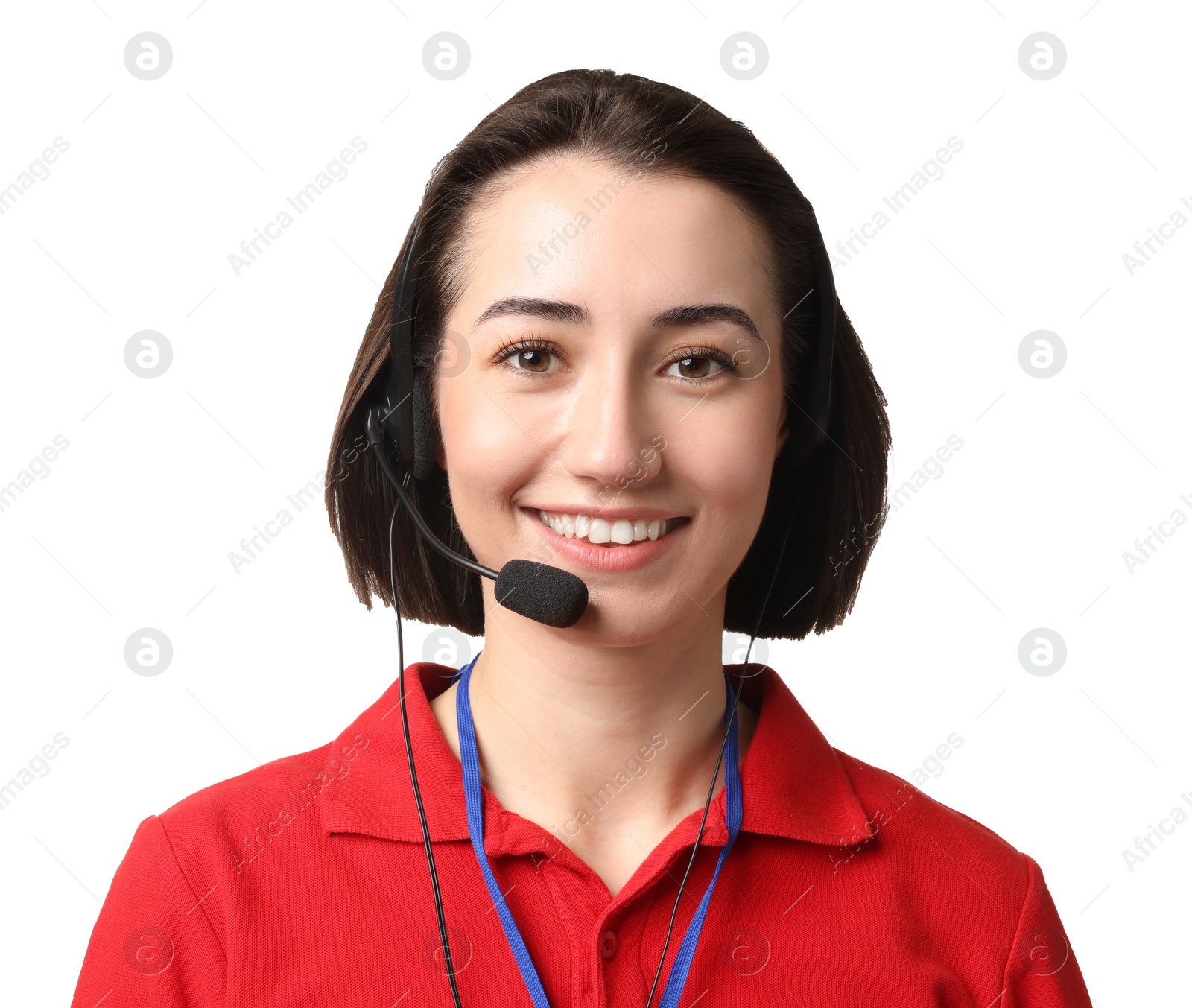 Photo of Technical support call center. Portrait of smiling operator on white background