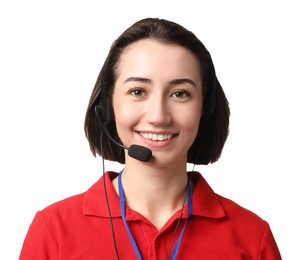 Photo of Technical support call center. Portrait of smiling operator on white background