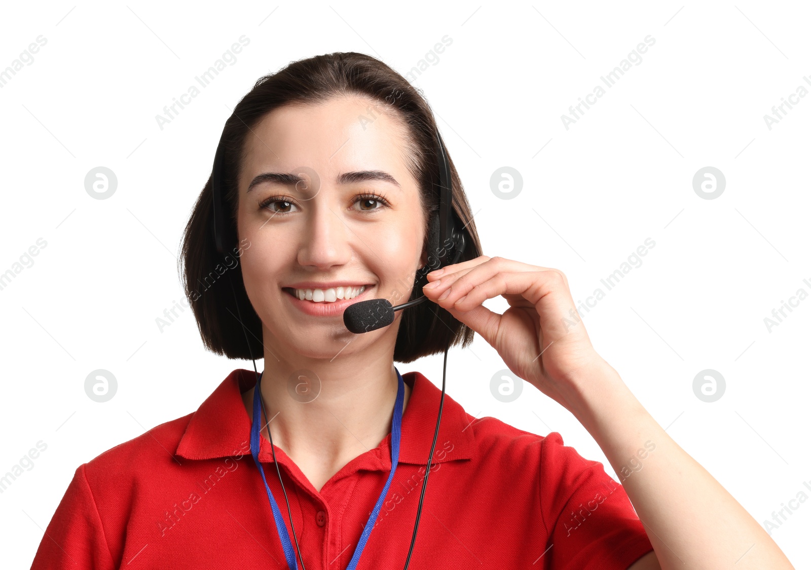 Photo of Technical support call center. Portrait of smiling operator on white background