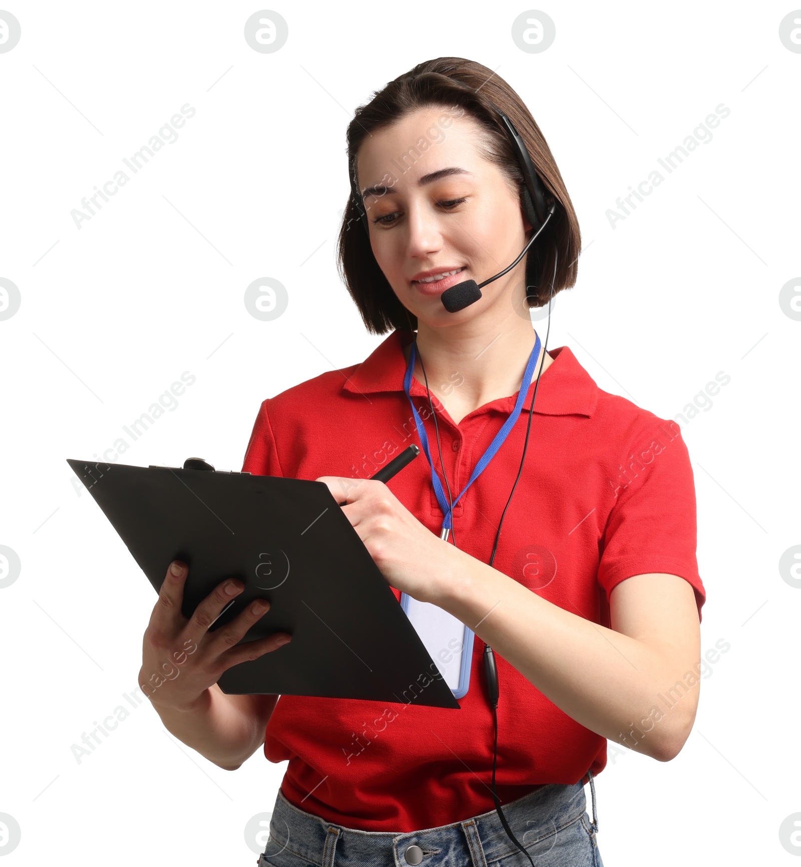 Photo of Technical support call center. Smiling operator with clipboard on white background