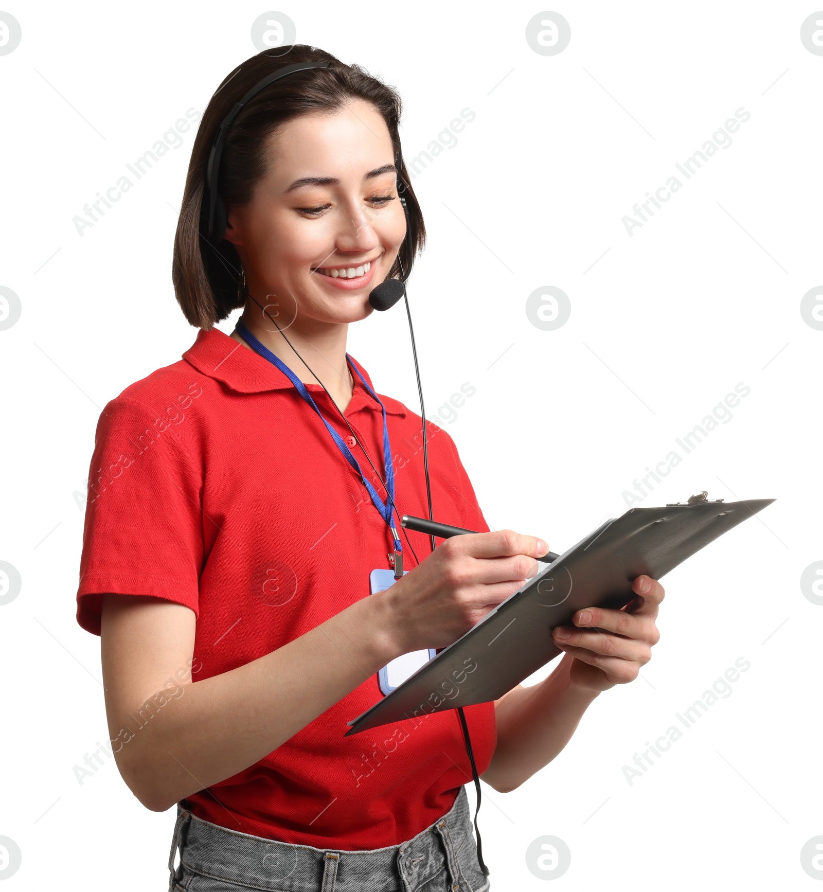 Photo of Technical support call center. Smiling operator with clipboard on white background