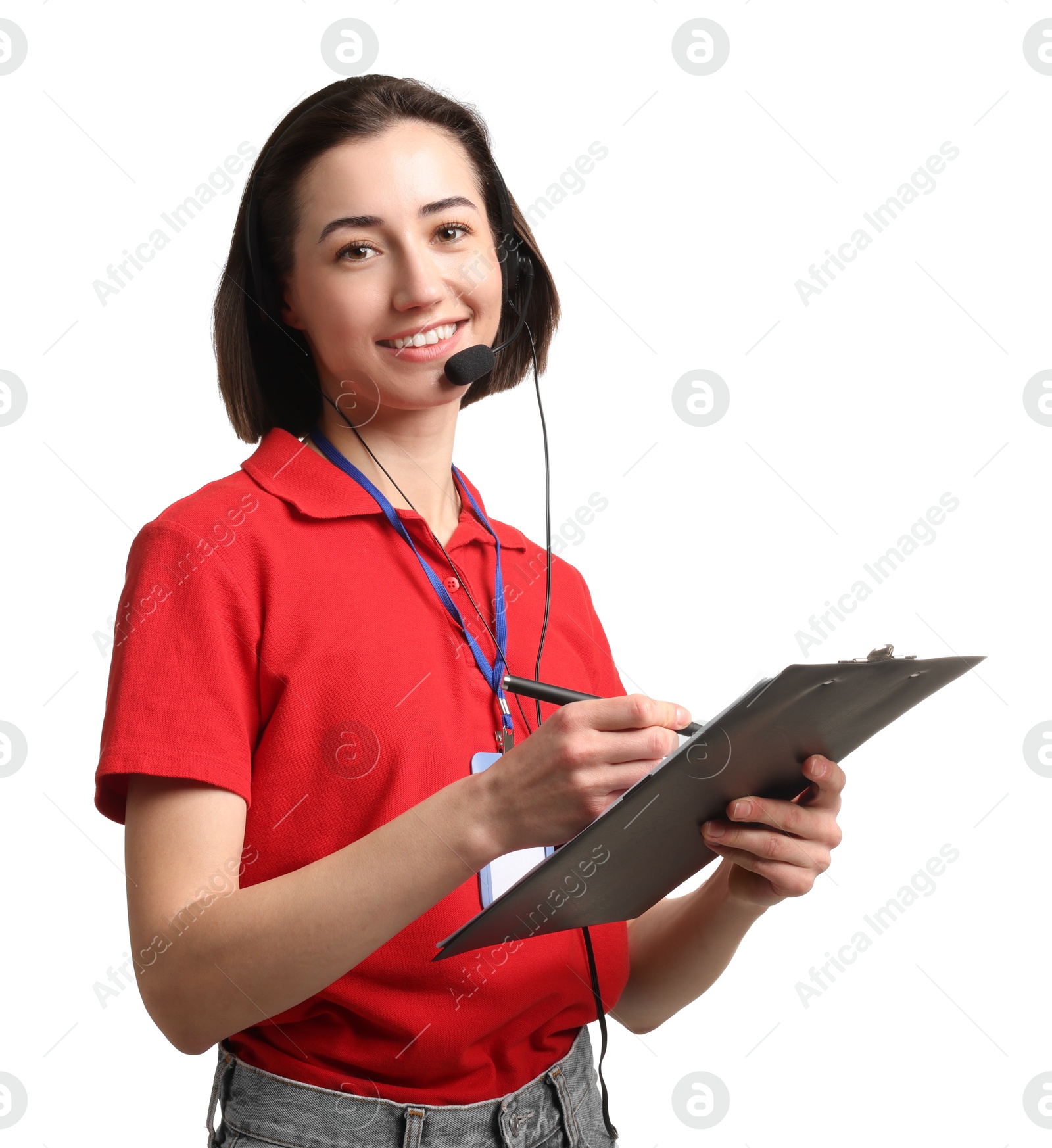 Photo of Technical support call center. Smiling operator with clipboard on white background