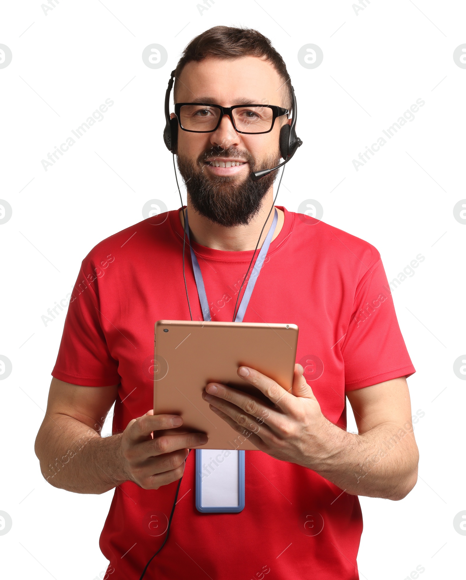 Photo of Technical support call center. Smiling operator with tablet on white background