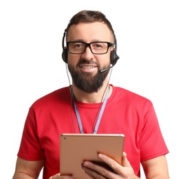 Photo of Technical support call center. Smiling operator with tablet on white background