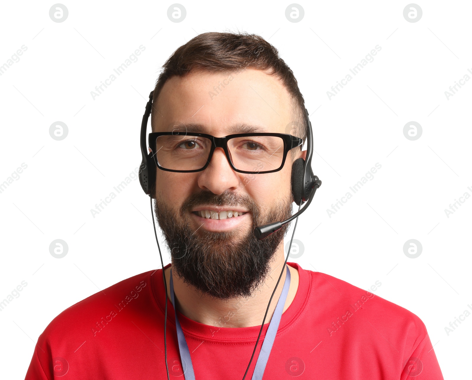 Photo of Technical support call center. Portrait of smiling operator on white background