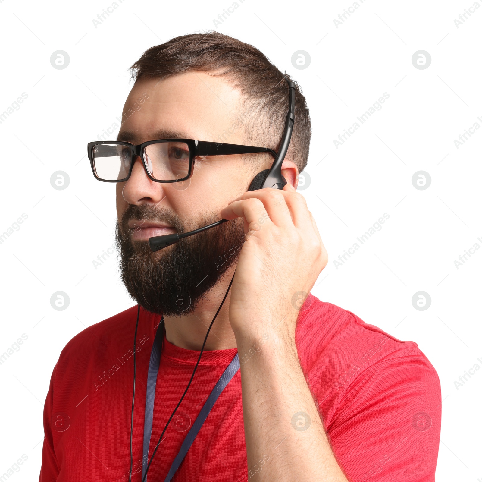 Photo of Technical support call center. Operator on white background