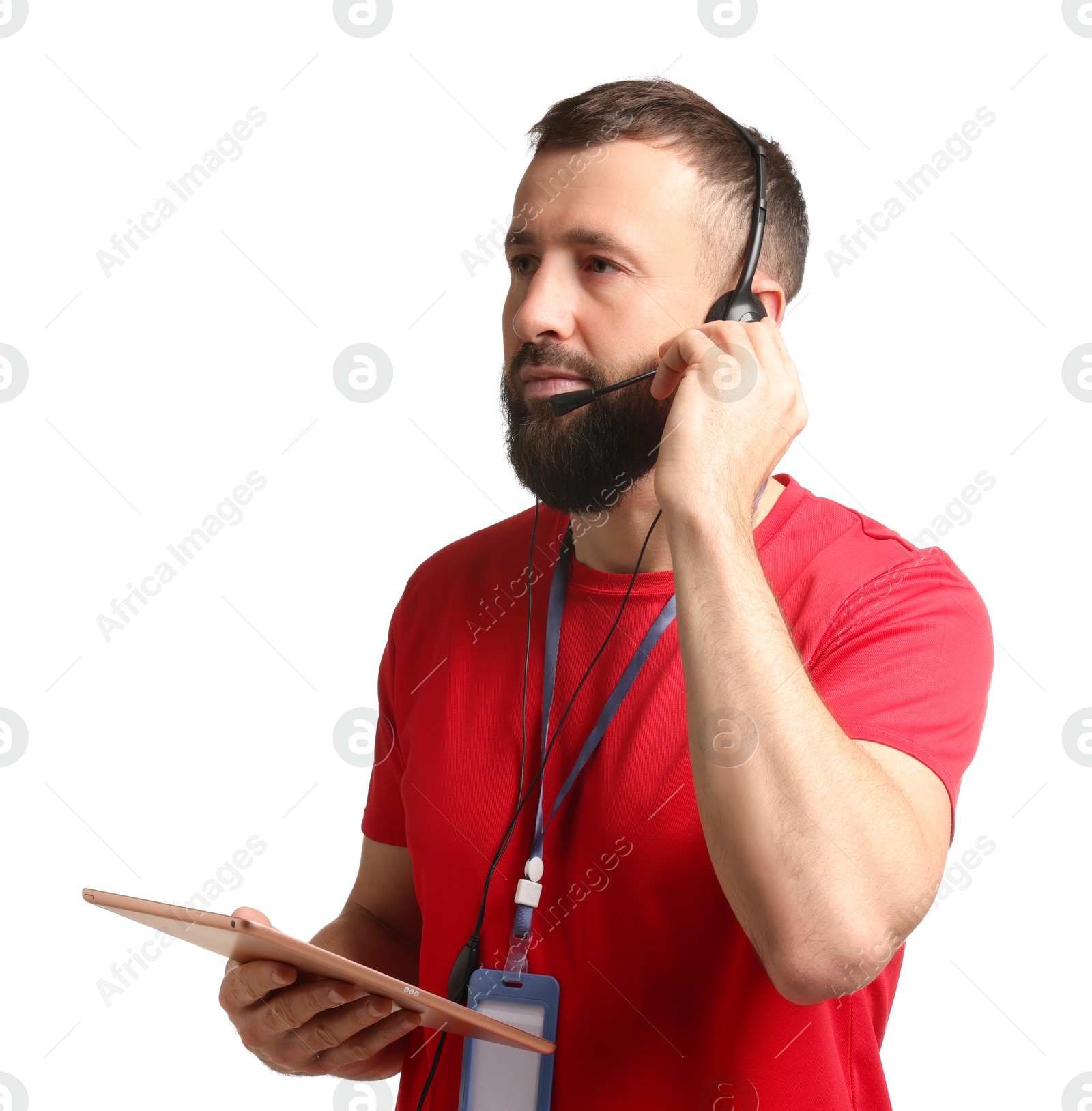 Photo of Technical support call center. Operator with tablet on white background