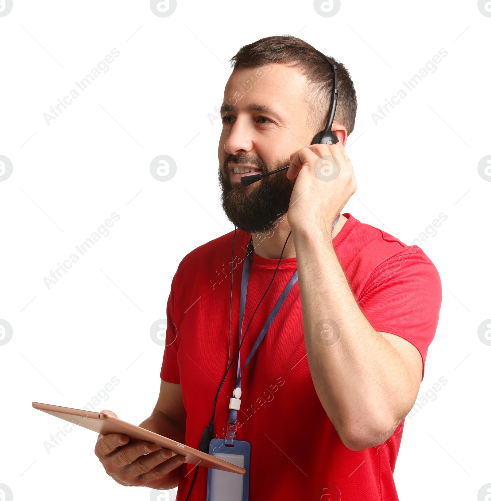 Photo of Technical support call center. Smiling operator with tablet on white background