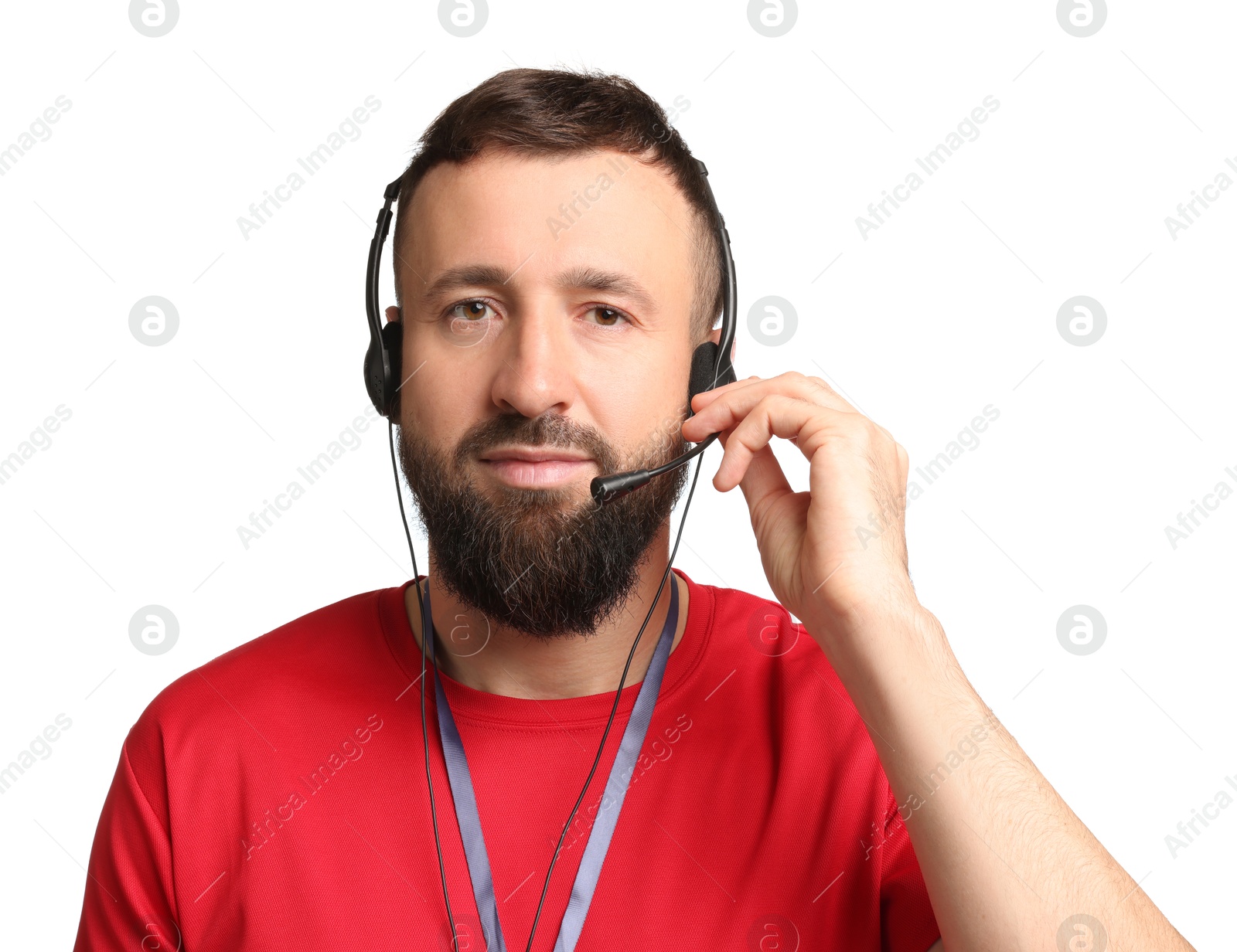 Photo of Technical support call center. Portrait of operator on white background