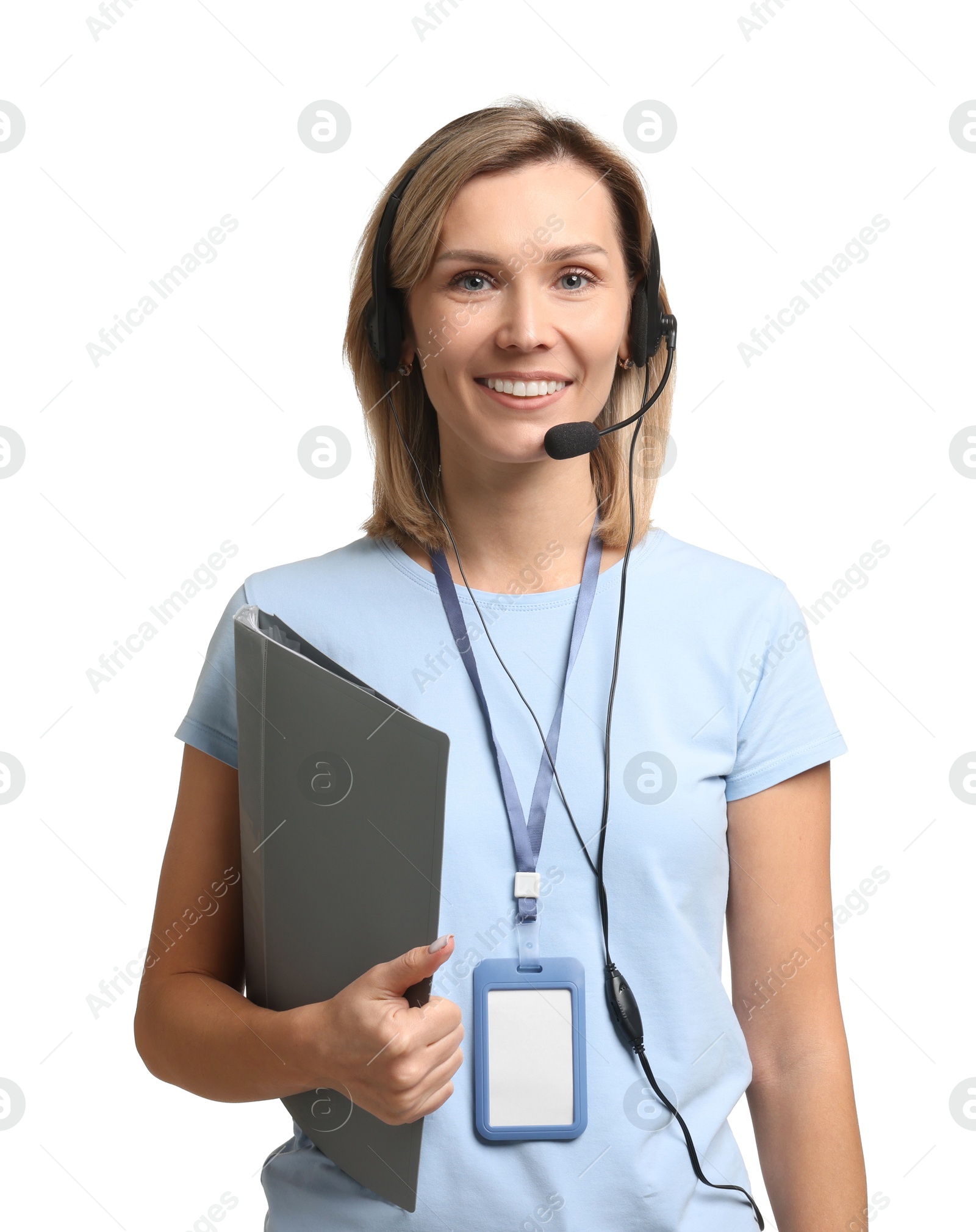 Photo of Technical support call center. Smiling operator with folder on white background