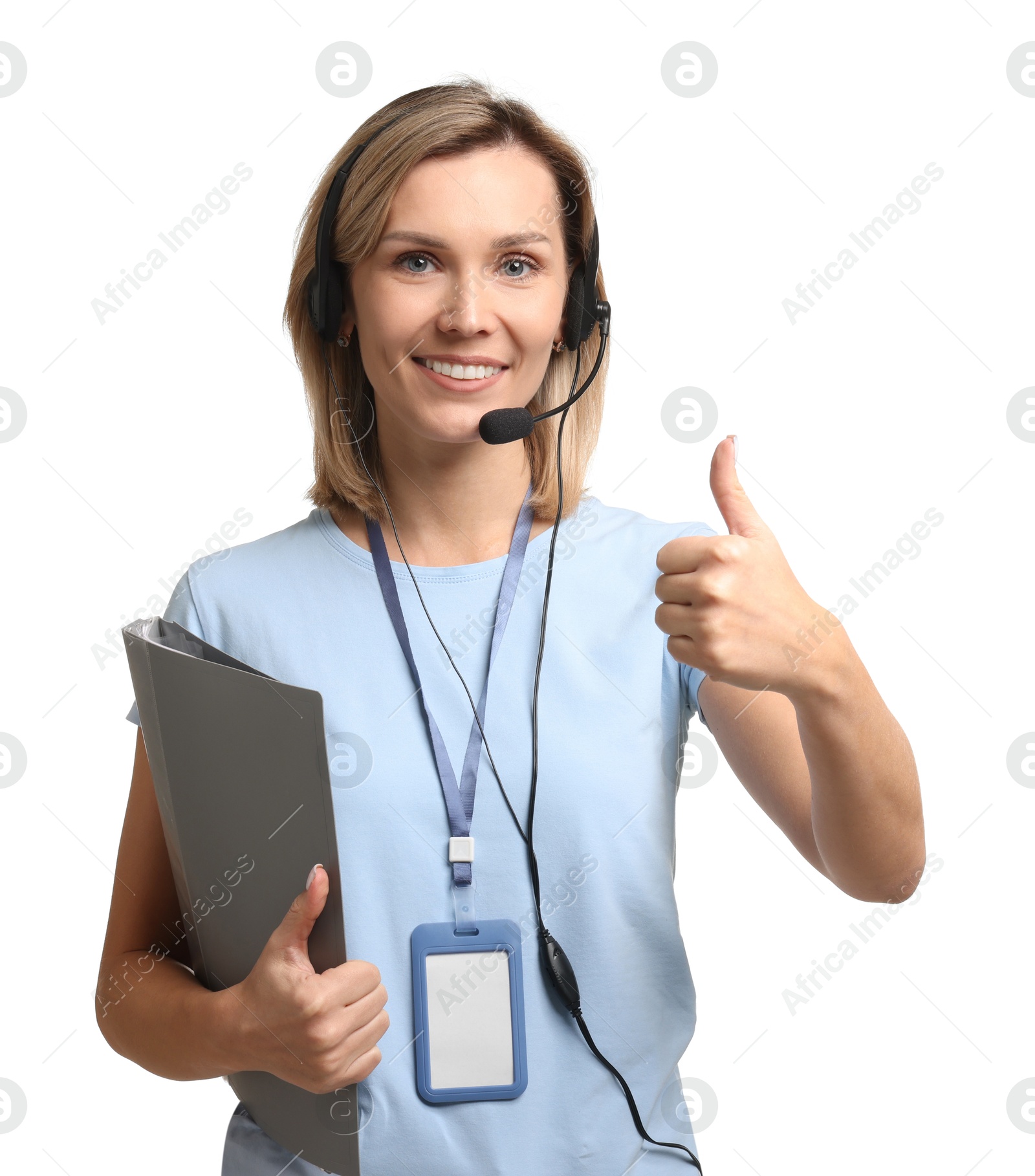 Photo of Technical support call center. Smiling operator with folder showing thumbs up on white background