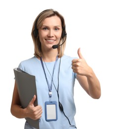 Technical support call center. Smiling operator with folder showing thumbs up on white background