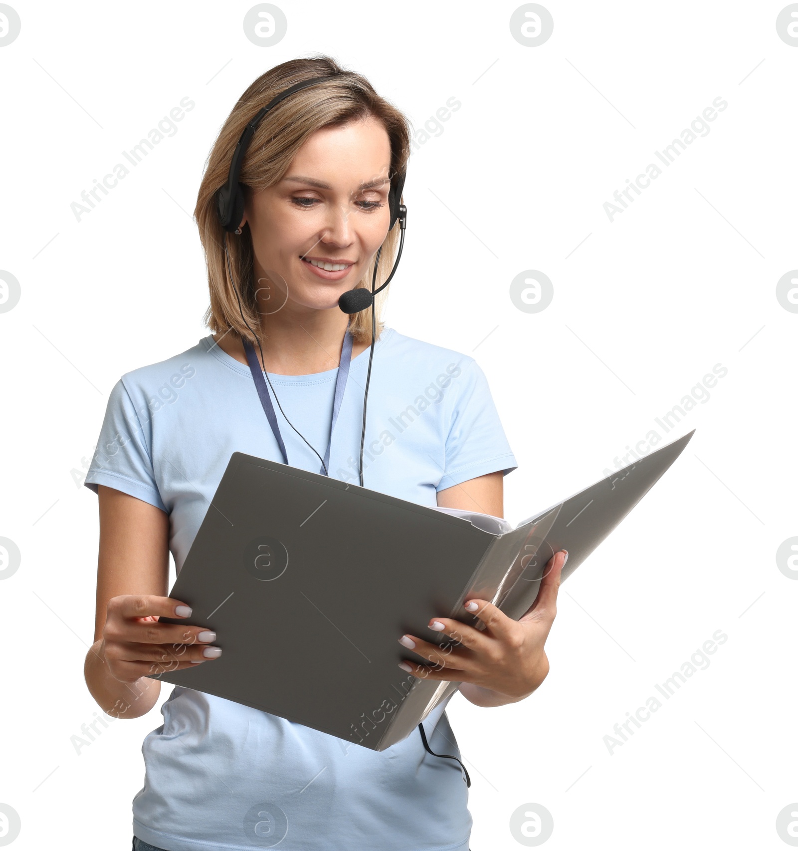 Photo of Technical support call center. Smiling operator with folder on white background