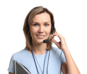 Photo of Technical support call center. Portrait of smiling operator on white background