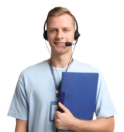 Photo of Technical support call center. Smiling operator with folder on white background