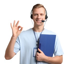 Photo of Technical support call center. Smiling operator with folder showing ok gesture on white background