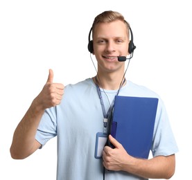 Photo of Technical support call center. Smiling operator with folder showing thumbs up on white background