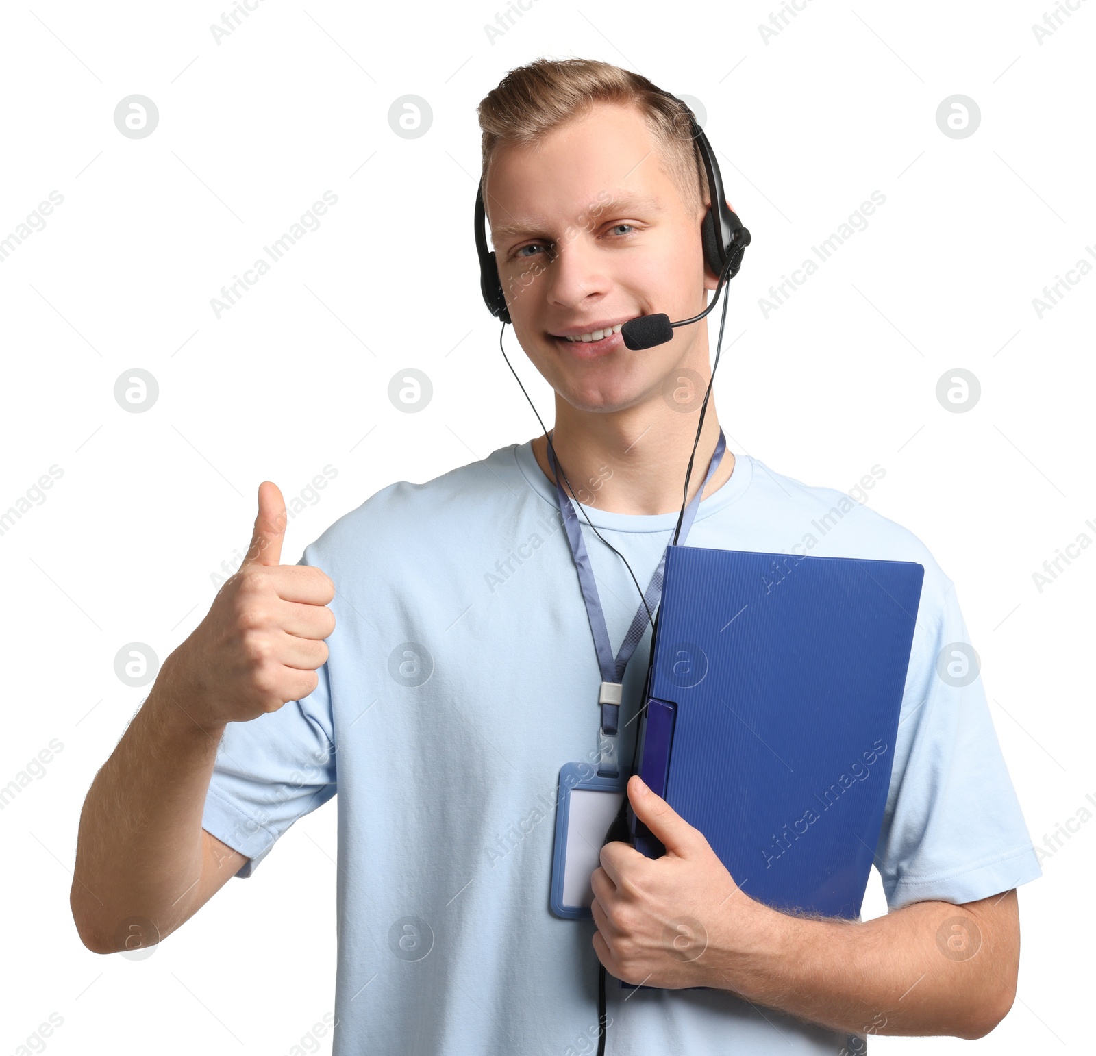 Photo of Technical support call center. Smiling operator with folder showing thumbs up on white background