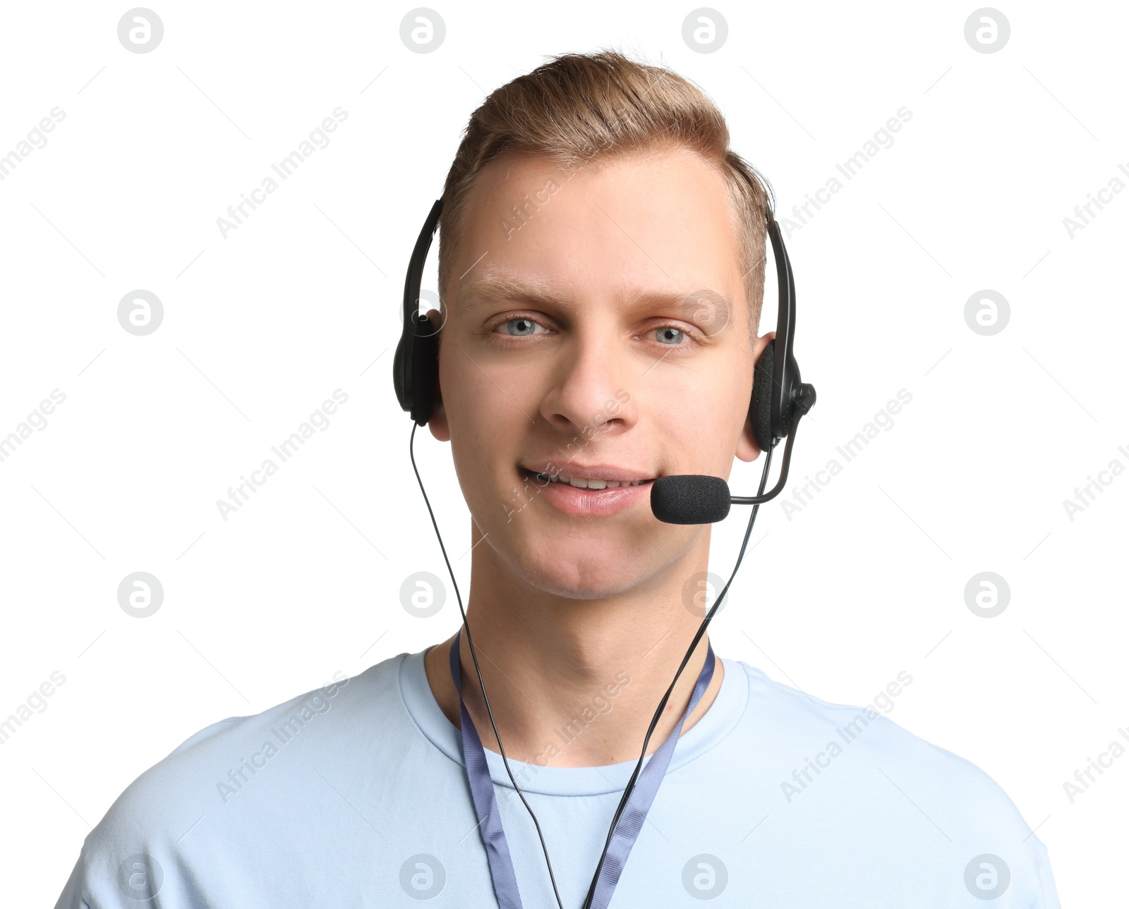 Photo of Technical support call center. Portrait of smiling operator on white background