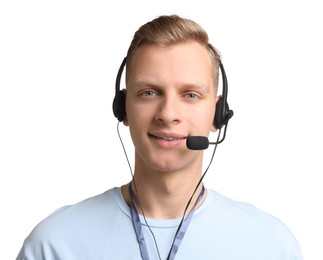 Photo of Technical support call center. Portrait of smiling operator on white background