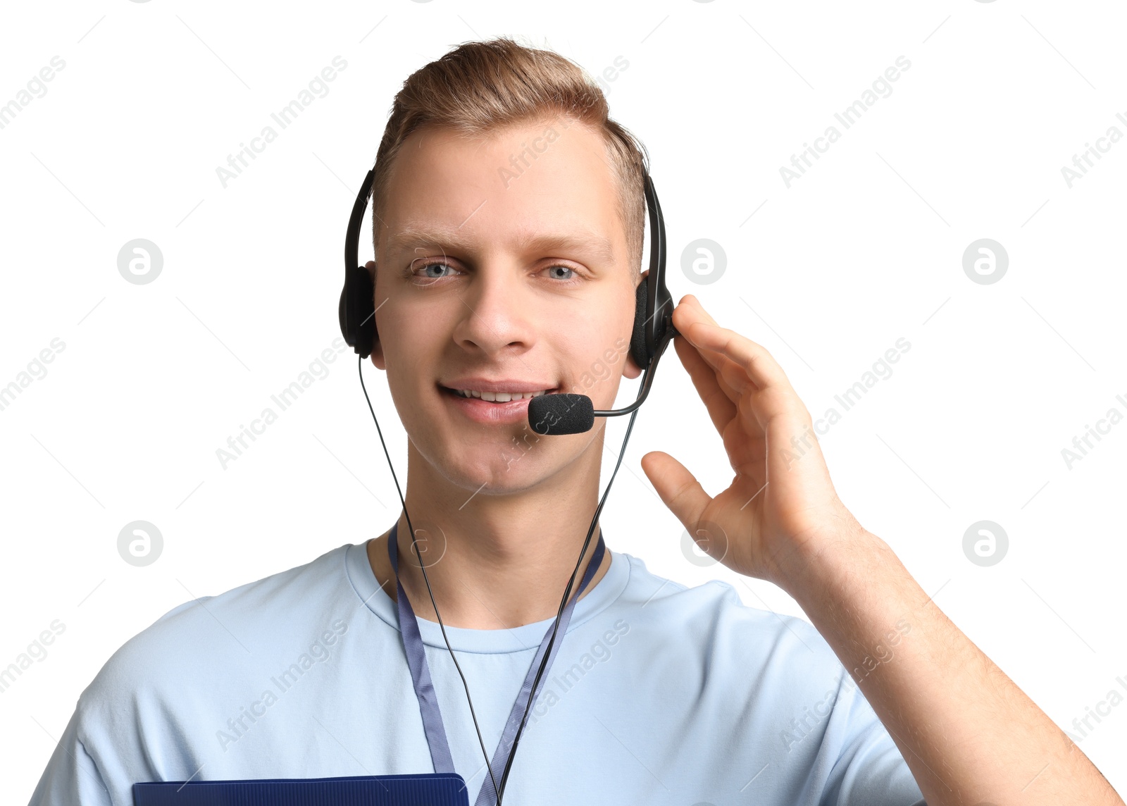 Photo of Technical support call center. Portrait of smiling operator on white background