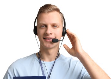 Photo of Technical support call center. Portrait of smiling operator on white background