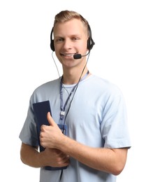 Photo of Technical support call center. Smiling operator with folder on white background