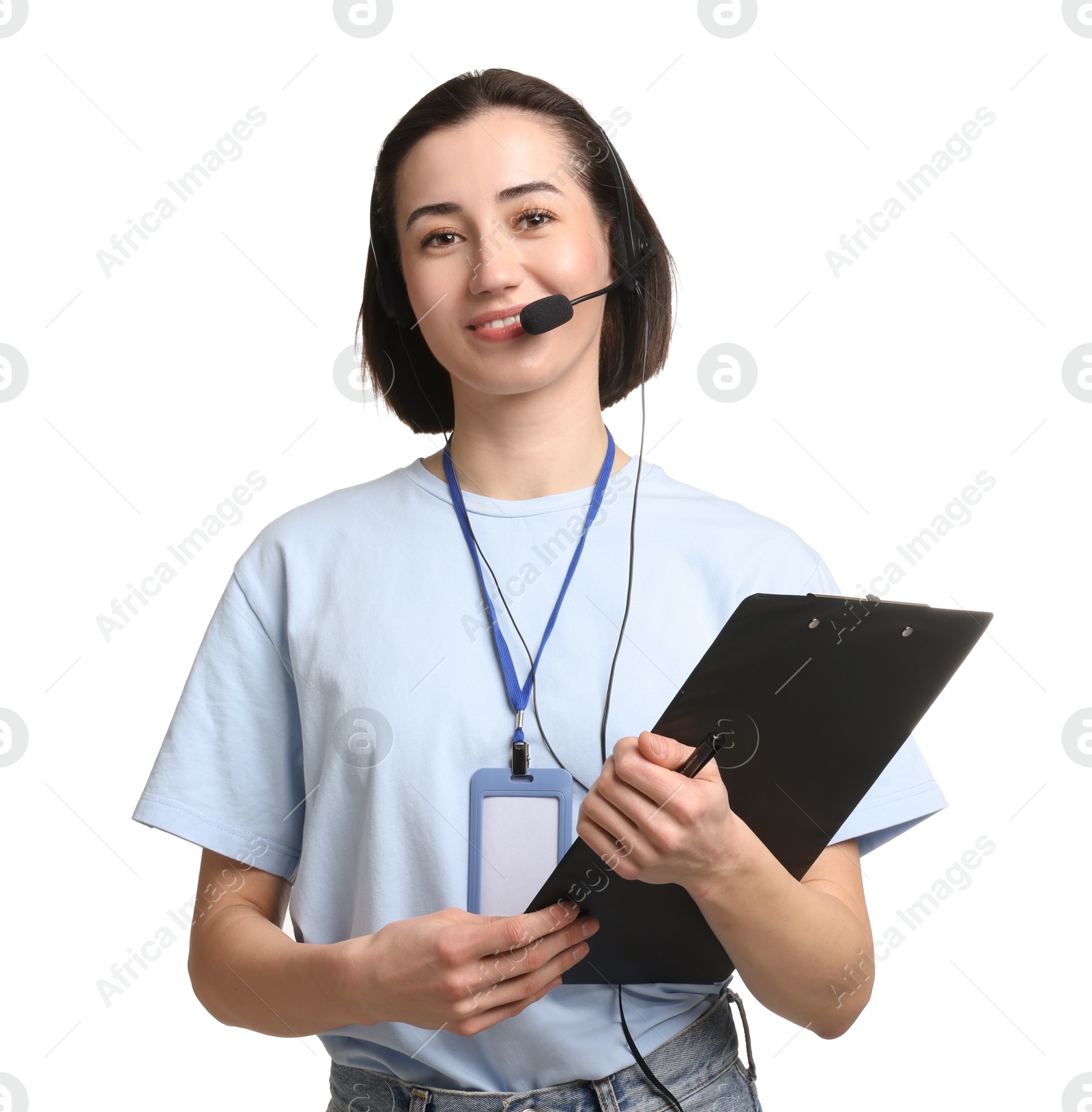 Photo of Technical support call center. Smiling operator with clipboard on white background