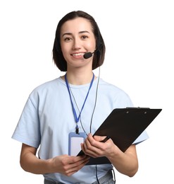 Photo of Technical support call center. Smiling operator with clipboard on white background