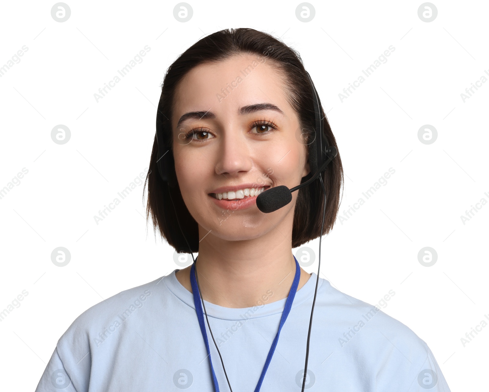 Photo of Technical support call center. Portrait of smiling operator on white background