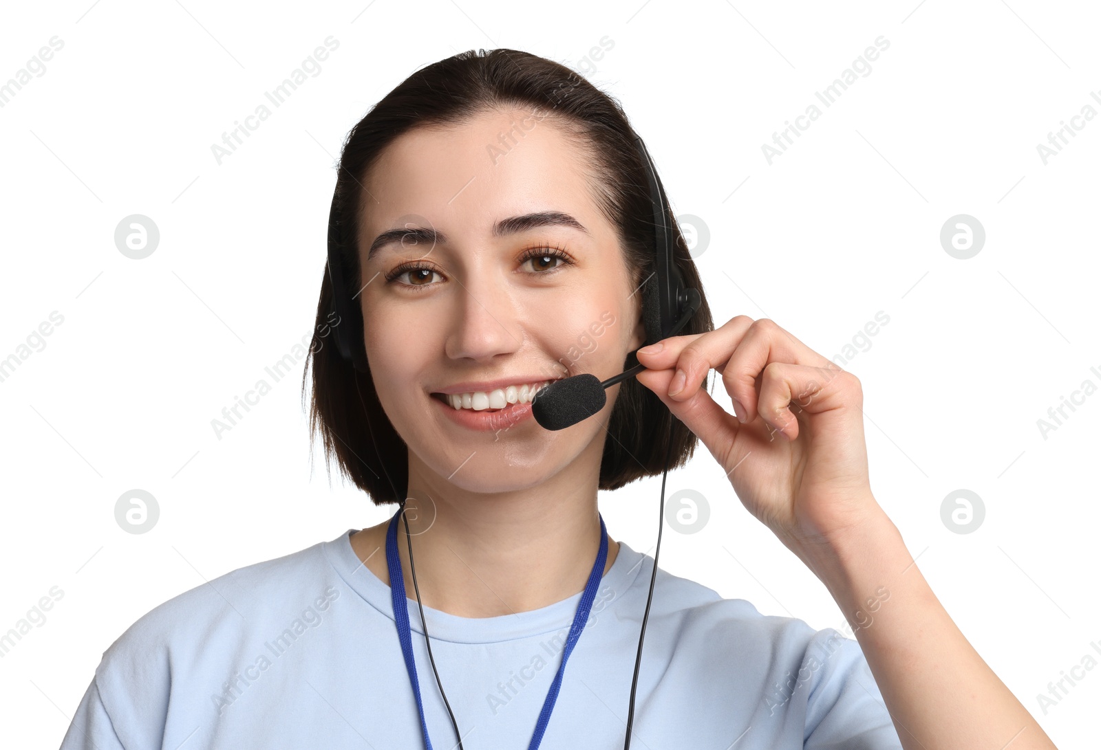 Photo of Technical support call center. Portrait of smiling operator on white background