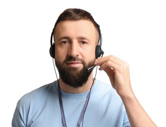 Photo of Technical support call center. Portrait of operator on white background