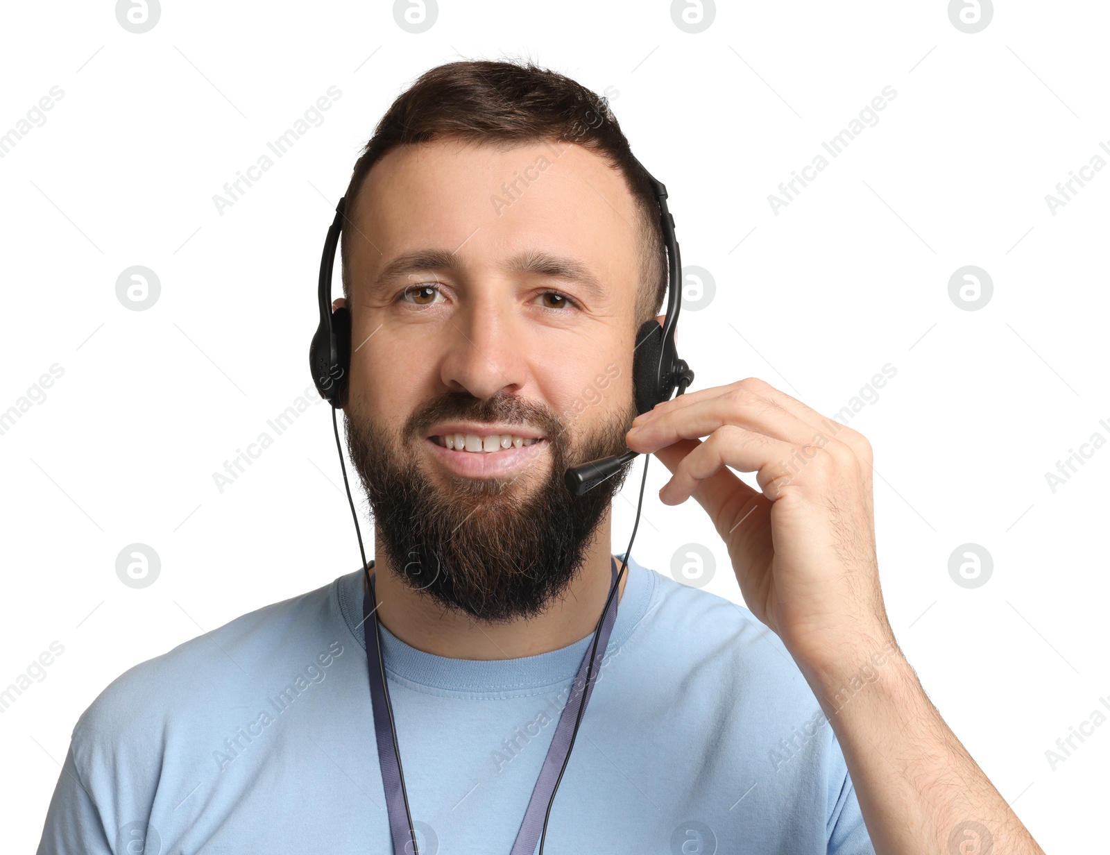 Photo of Technical support call center. Portrait of smiling operator on white background