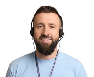 Photo of Technical support call center. Portrait of smiling operator on white background