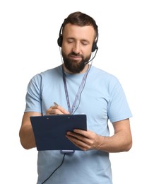 Photo of Technical support call center. Operator with clipboard on white background