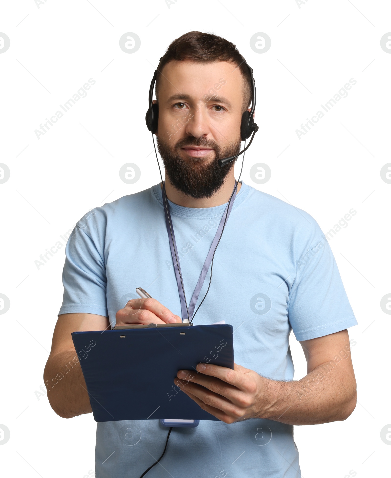 Photo of Technical support call center. Operator with clipboard on white background